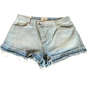 BDG A Line Denim Shorts Asymmetrical Crossover Waistband Released Fray Hem NWT